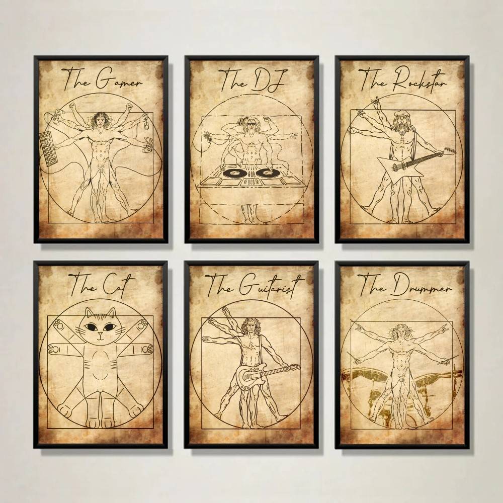 Retro Gaming Wallpaper - Vintage Vitruvian Style Music Gamer Cat