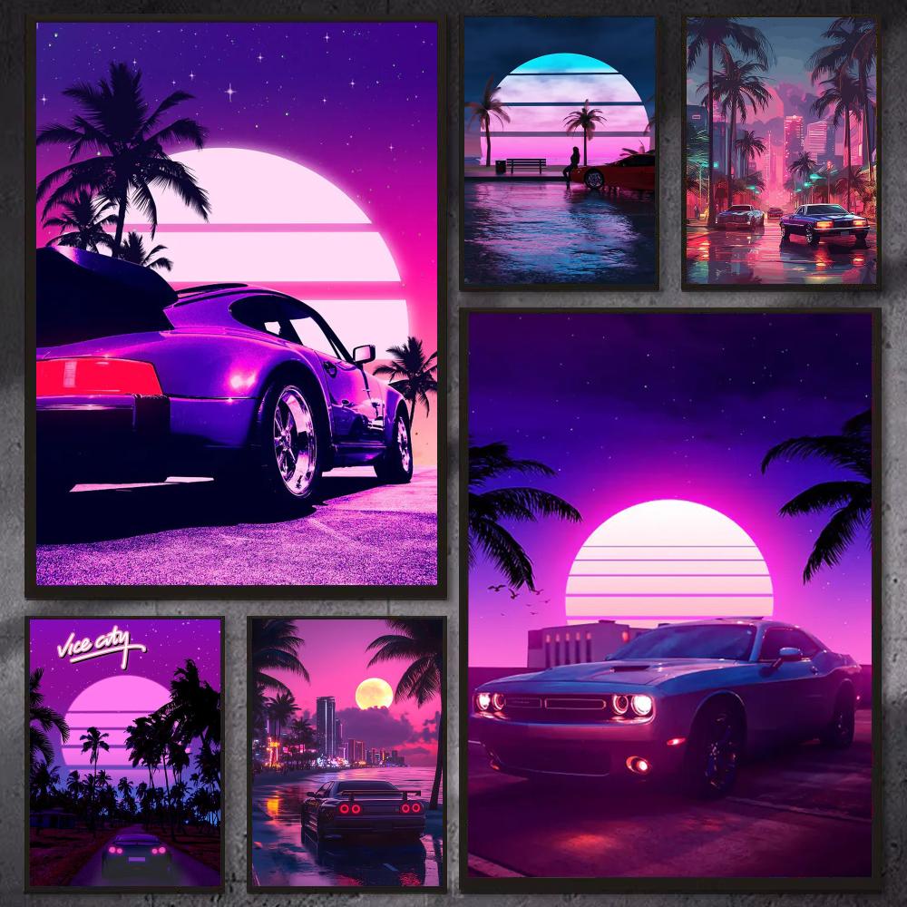 Retro Gaming Wallpaper - Cyberpunk 80s Retro car city Poster
