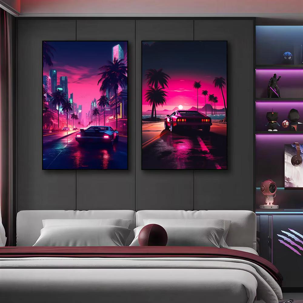 Cyberpunk 80s Retro car city P - Retro Gaming Wallpaper review and price