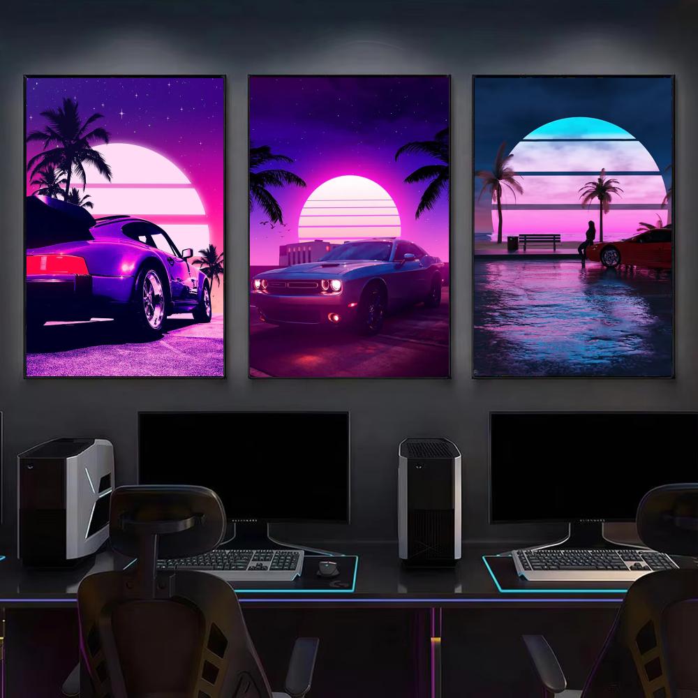 Cyberpunk 80s Retro car city P - Retro Gaming Wallpaper review and price